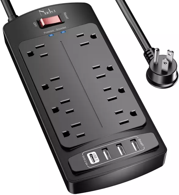 Surge Protector Power Strip -  Flat Plug Extension Cord with 8 Outlets and 4 USB