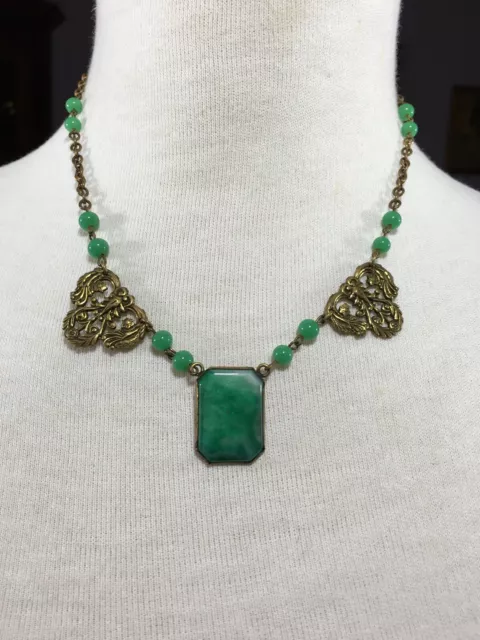 Lovely Early Czech Faux Chrysoprase/Jade Glass Pendent & Beaded Brass Necklace