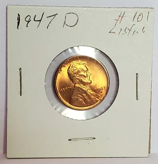 1947 D Lincoln Wheat Cent Red Brilliant Uncirculated Penny BU Choice - Gem #101