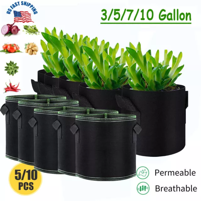 5/10 Pack Fabric Grow Pots Round Aeration Plant Pots Grow Bags 3-10 Gallon Black