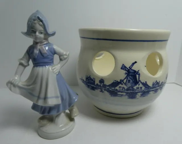 Delft Hand painted Bulb Planter with Dutch Girl figurine, Makes a nice set