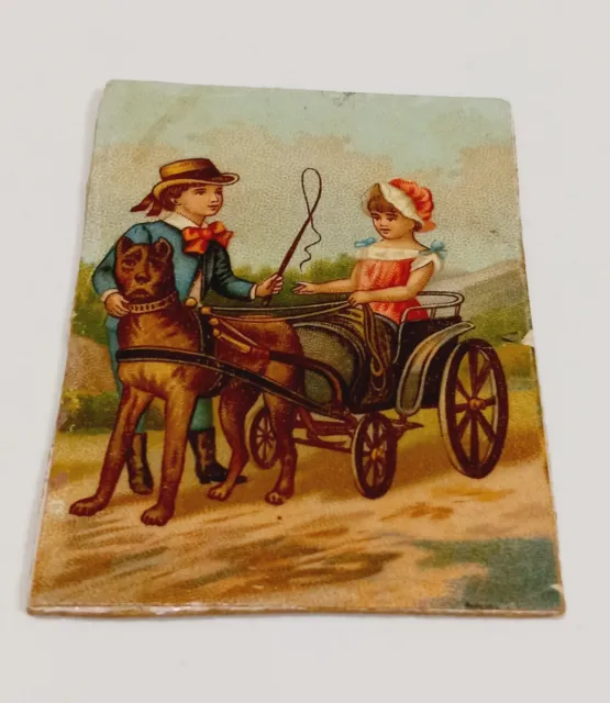 1900's Victorian Scrap Card  Dog Pulling Girl Wagon Cart Boy Handing Girl Whip