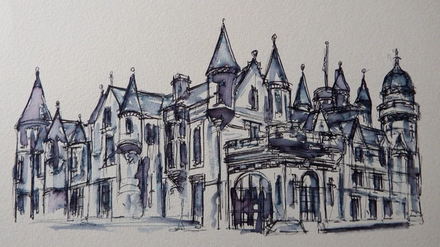 ORIGINAL PEN AND ink wash drawing of Balmoral Castle on ivory ...
