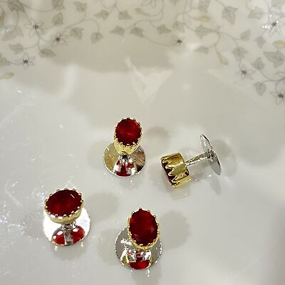 Stylish Red Ruby Faceted Crown Style Dual Finish Mens Whale Back Pair Cufflinks