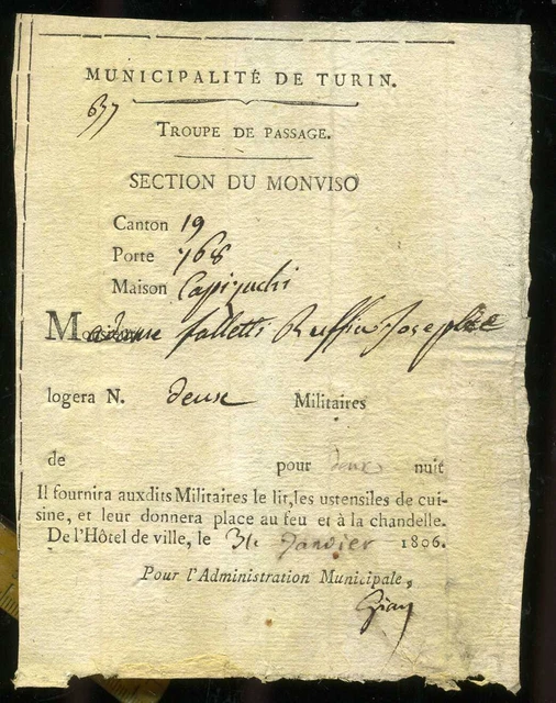 Repubblica Piemontese Torino Sez. del Monviso Ricevuta x Alloggio Militari Hotel