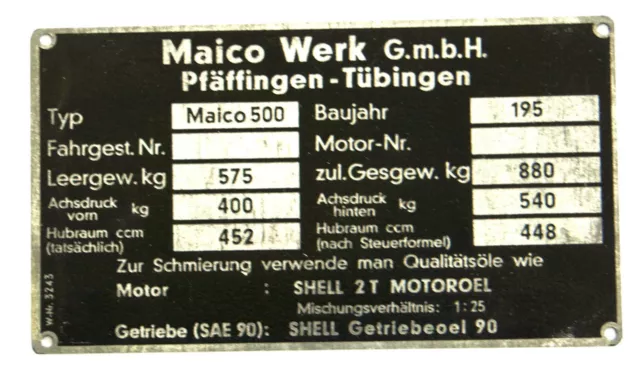 Blanko-Schild Maico Champion 500 Typenschild Original aus Werksbeständen Neu