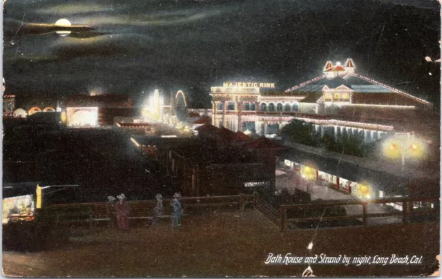 Bath house, Strand by Night, Long Beach California- 1910 Postcard - Skating Rink
