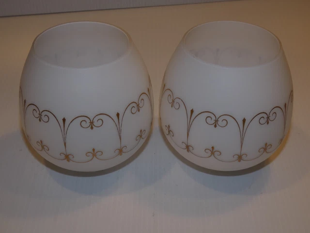 Vintage VV France Pair Opaque White Glass Lamp Shades, Gold Tone Scrolls