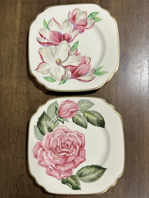 2 Vintage Syracuse China Onondaga Pottery Rose & Magnolia 8” Square Plates EUC!