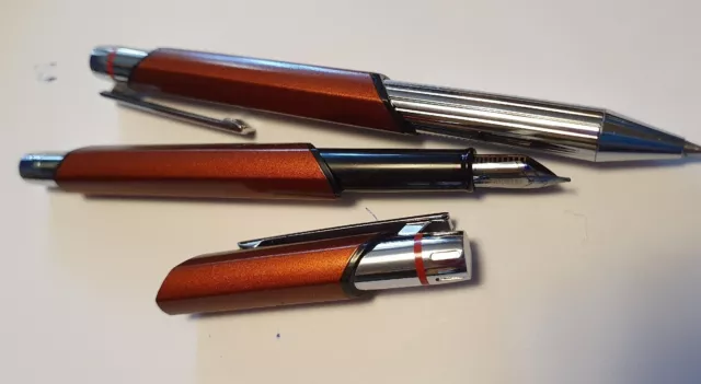 Rotring NEWTON FÜLLER Fountain Pen Kugelschreiber  Ball Point + Orange Crome SET