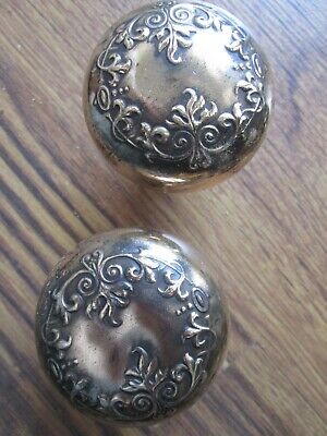Pair Antique Cast Brass / Bronze Doorknob Art Nouveau Scroll Flower Design