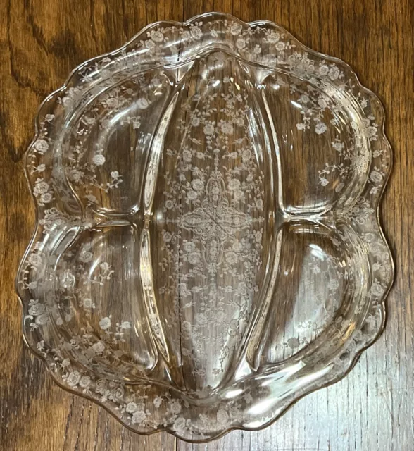 Vtg Cambridge Etched Glass Rose Point 5 Part Relish Dish Mint