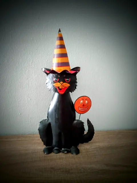Vtg Beistle Inspired Metal Black Cat Witch Trick Treat Candle Illuminary 14"