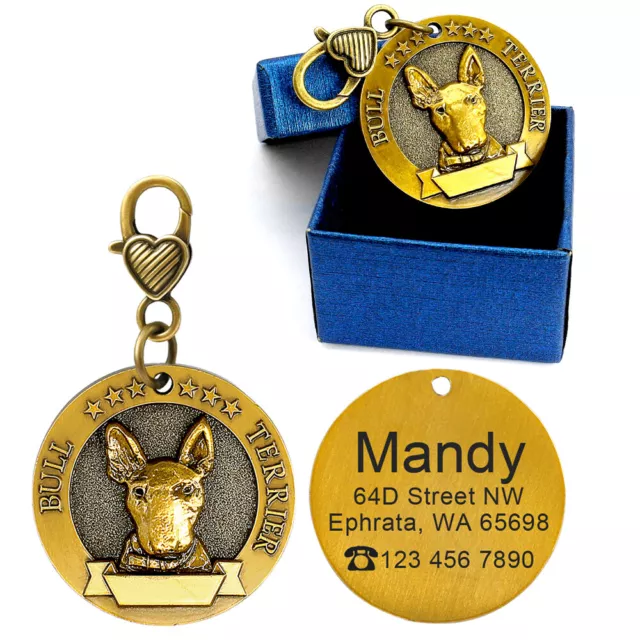 English Bull Terrier Breed 3D Brass Personalised Pet Dog Tags ID Collar Engraved