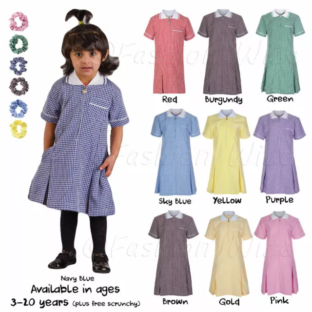 Ages 3-20 Girls School Gingham Summer Dress Pleated Blue Red Green Purple Gold