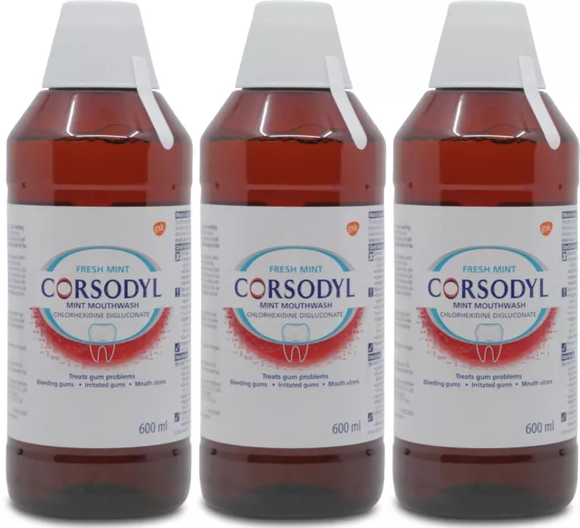 3 X Corsodyl Fresh Mint Mouthwash 600ml