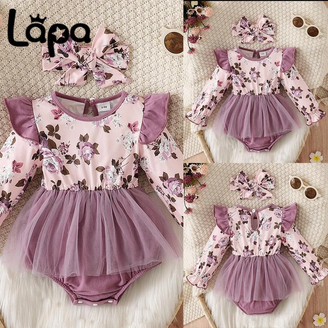 Newborn Baby Girls Floral Ruffle Long Sleeve Romper Lace Mesh Dress Headband Set