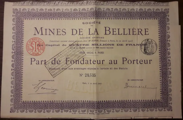 Société des Mines de la Bellière. Part de Fondateur au Porteur - Paris, 1905.