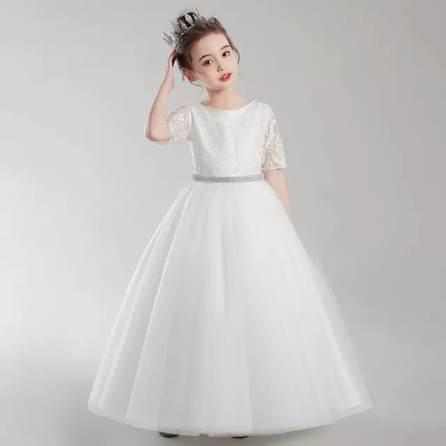 White Lace Tulle Flower Girl First communion Dress Birthday Party Princess Gown