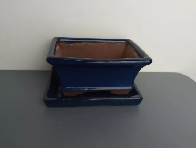 Small Rectangular Ceramic Bonsai Tree Pot & Drip Tray Planter Training Blue