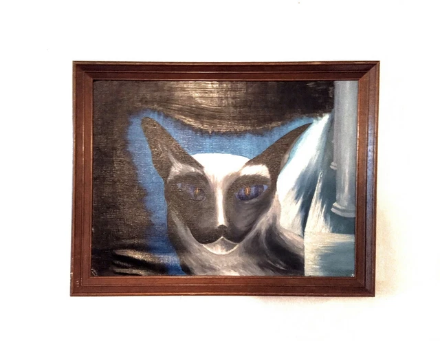Vintage Painting Cat Siamese Original Black Oil Framed Portrait Modern 18x24