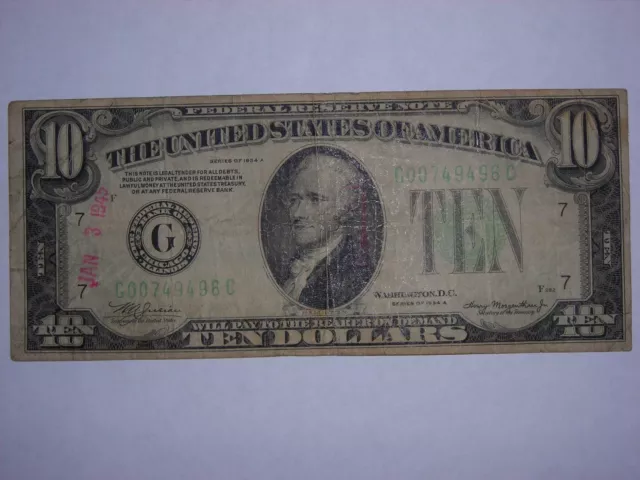 US 1934-A $10 TEN DOLLAR BILL FEDERAL RESERVE NOTE Green Seal Chicago