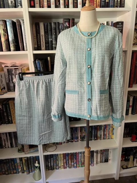 Maggie Sweet Womens Size Medium Blue Tweed Skirt Suit Elastic Waist Vintage EUC