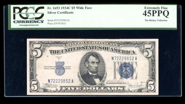 DBR $5 1934-C Silver Fr. 1653W NA Block Wide Face PCGS 45 PPQ Serial N72229852A