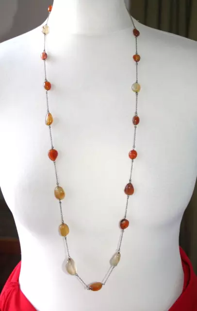 1900s Long Arts & Crafts Sterling Silver Agate Necklace - Flapper Deco Carnelian