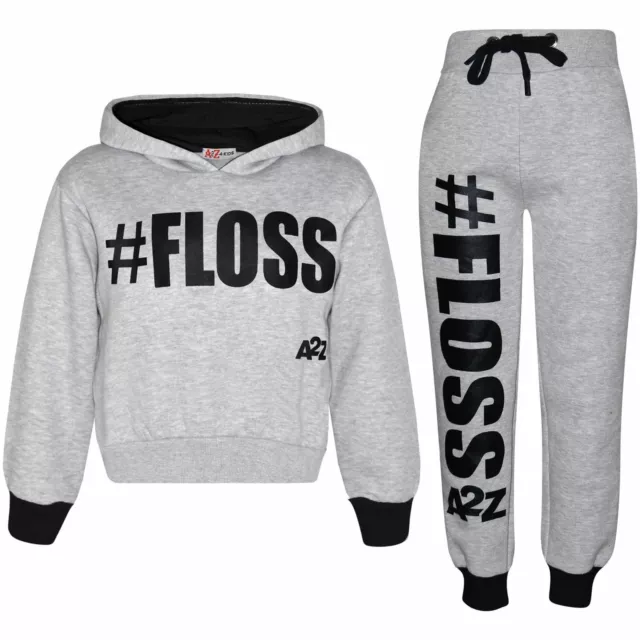 Kids Girls Jogging Suit Designer #Floss Tracksuit Hooded Crop Top & Bottom 5-13