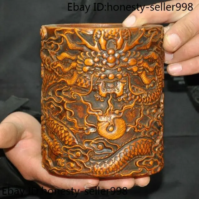 4.8" China dynasty Boxwood wood Carved dragon loong statue brush pot pencil vase
