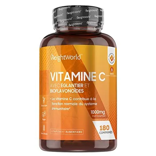 Vitamine C 1000mg 180 Comprimés Vegan 6 Mois - Vitamine C Pure Avec Cynorhodo...