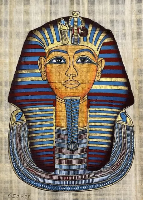 Vintage Authentic Hand Painted Egyptian Papyrus -Golden Mask of King Tut 12x16”