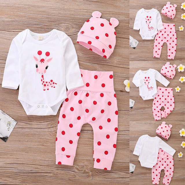 3PCS Newborn Baby Girls Polka Dot Romper Tops + Pants + Hat Clothes Outfits Set