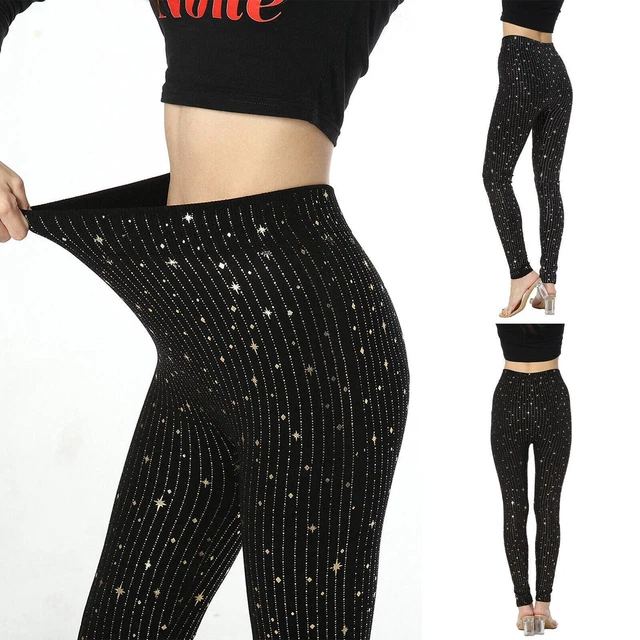 Womens Star Striped Pants Elastic Waist Shiny Sequin Sparkle Tight Trousers
