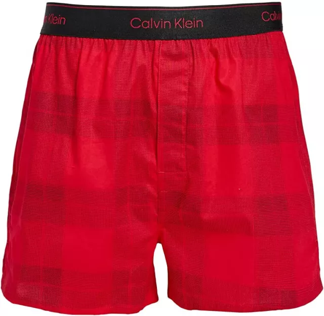 $28 Calvin Klein Underwear Men's Textured Plaid Cotton Boxer Slim, Red, Sz S