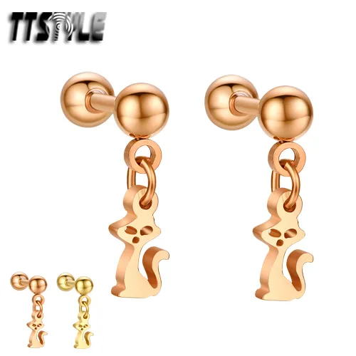 TTstyle Surgical Steel Dangle Cartilage Tragus Cat Earrings Pair Gold/Rose