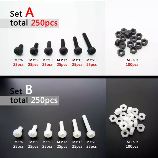 250pc Assortment Kit Plastic Nylon M3 Round Pan Phillips Head Screw Bolt Hex Nut