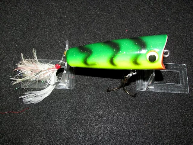 Topwater Feather Lure Chugger Popper Plug Wood Green Black Red Fire Tiger A3