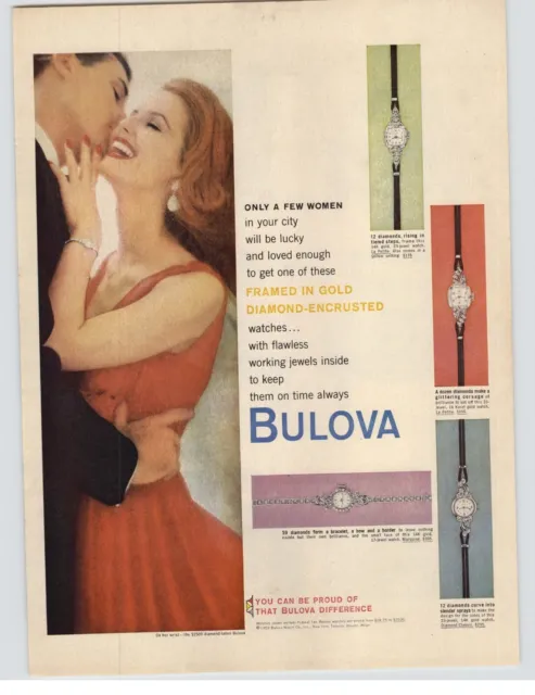 1959 Bulova Women's Diamond Watch Vintage Watch Art Print Ad Lady In Red Dress