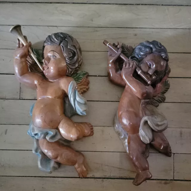 Vintage Hand Carved Wooden Cherub Angles painted 12x6 set of 2