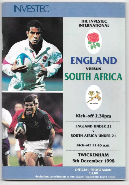 England v South Africa  Seniors + U21s Rugby Union Programme 1998 double header