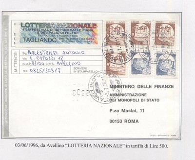 CIB_149 STORIA POSTALE castelli in bobina su CARTOLINA CONCORSI 1996 