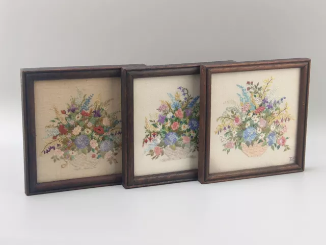 Trio miniature embroidery on canvas Flower Basket late 19th century