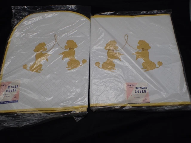 Vintage Dora May Kitchen Mixer & Rotisserie Cover NOS Yellow Poodles Gold Chain