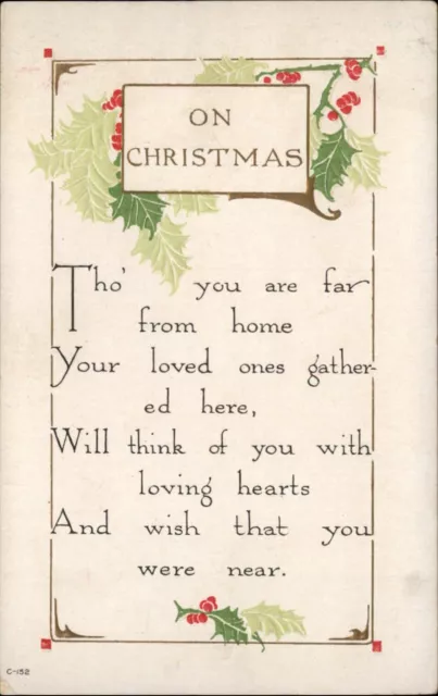 Christmas Arts Crafts? holly poem gold frame embossed vintage postcard sku451