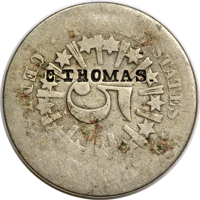 1866 Rays Shield nickel with the C. THOMAS. counterstamp.