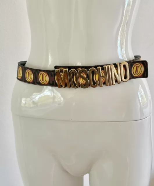 MOSCHINO SS16 Super Mario Coin Leather Belt Brown Gold Studs Letters 91cm IT 40