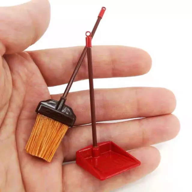 1:12 Scale Real working miniature dollhouse metal dustpan and broom cleaning set