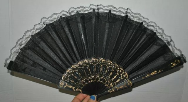 Hand Fan Abanico de Mano Bolsillo plastic flamenco Dance Baile black negro NEW